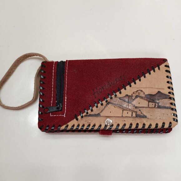 Artisan Handbags - Red Leather Women Wallet w/Zipper & Mirror Handmade by Central American Artisans